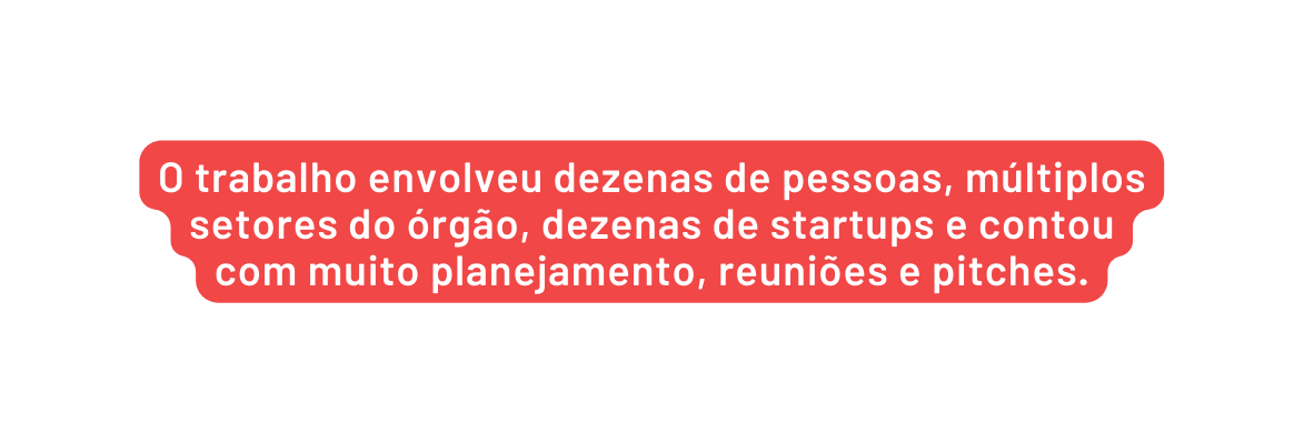 O trabalho envolveu dezenas de pessoas múltiplos setores do órgão dezenas de startups e contou com muito planejamento reuniões e pitches